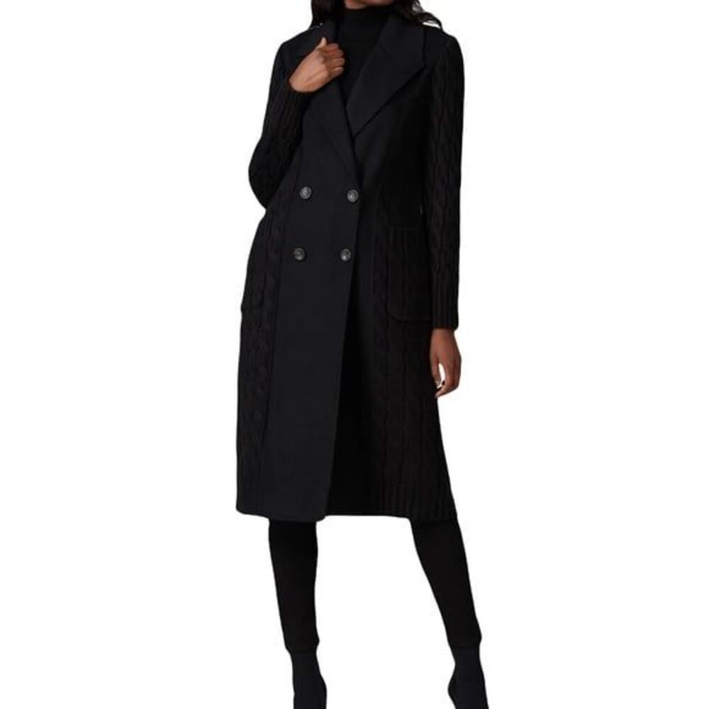 Badgley Mischka SMALL Mixed material black trench coat jacket knit pattern sides
